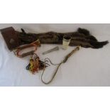 Whistle with bone mouthpiece and whip attached, snakeskin box, Acme hunting horn, brass horn, horn