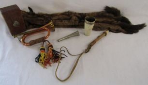 Whistle with bone mouthpiece and whip attached, snakeskin box, Acme hunting horn, brass horn, horn