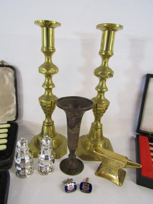 Brass candlesticks, The Blacksmith's anvil, possibly bronze engraved vase, silver salt and pepper ( - Image 3 of 8