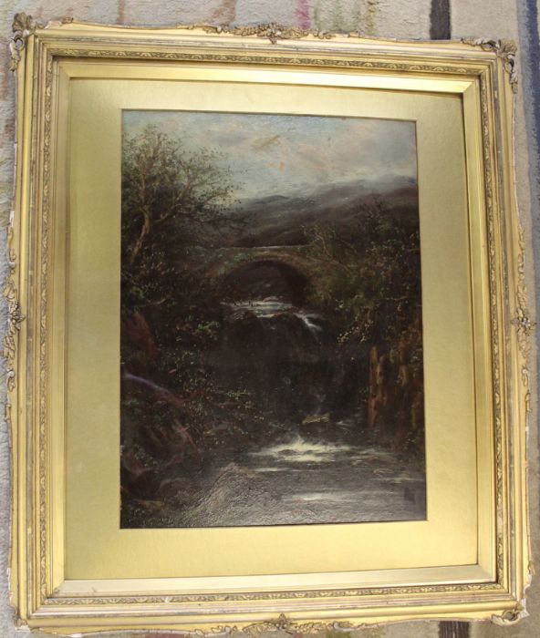 Gilt framed oil on board depicting stone bridge over a racing stream 63cm x 73cm - Image 2 of 2