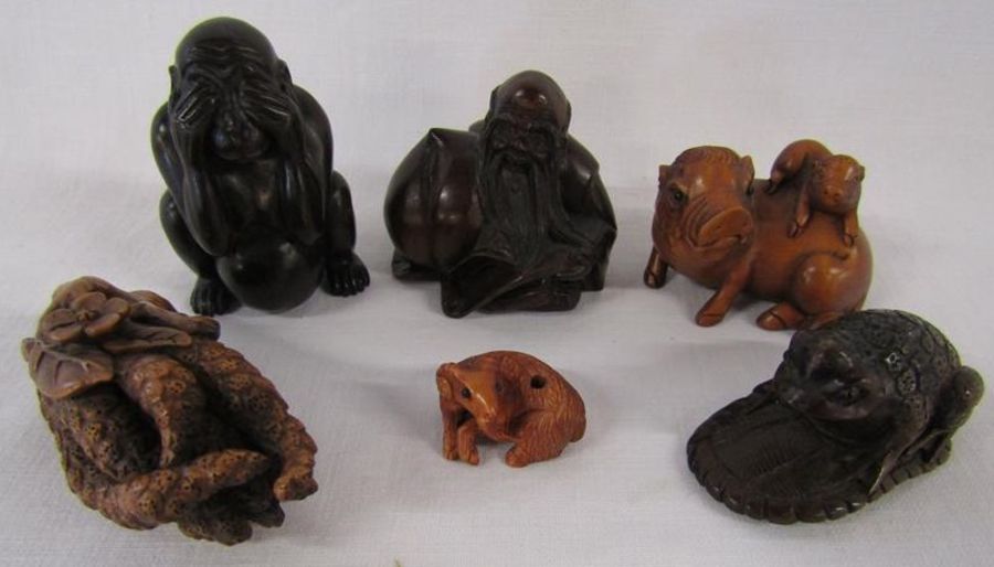 6 Wooden netsuke - monkey, Buddha, toad, flower, pig and goat