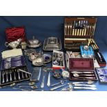 Quantity of silver plated cutlery including cased sets, entree dish, coasters etc.