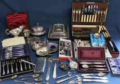 Quantity of silver plated cutlery including cased sets, entree dish, coasters etc.