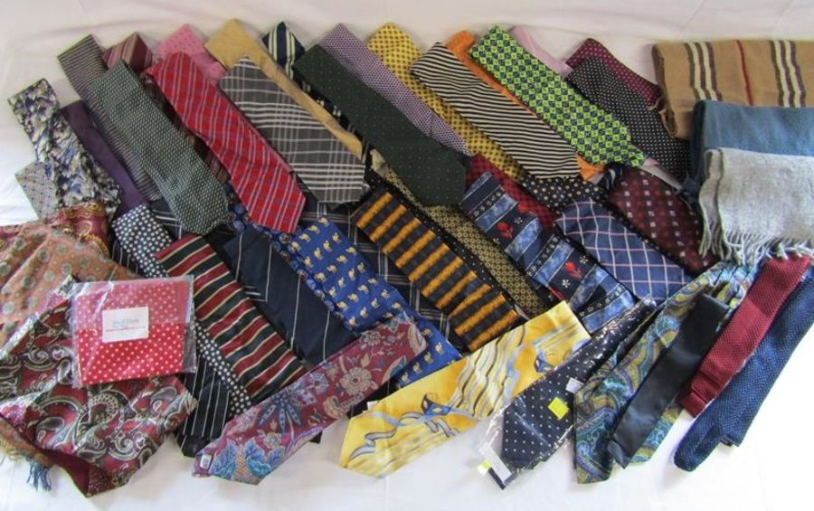 Collection of approx. 40 ties also cravat and scarves includes Harrods