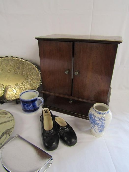 Stoneware bread crock, wooden cabinet, silverplate tray, pewter sifter and jug, ceramic ballerina - Image 4 of 5