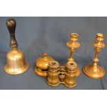 Pair brass candlesticks, hand bell, desk bell & brass opera glasses