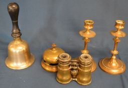 Pair brass candlesticks, hand bell, desk bell & brass opera glasses