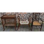 Cane seated chair, high sided stool and a trolley / table