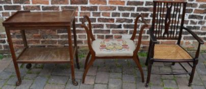 Cane seated chair, high sided stool and a trolley / table