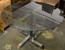 Smoked glass top table on a chrome plated base Dia 117cm