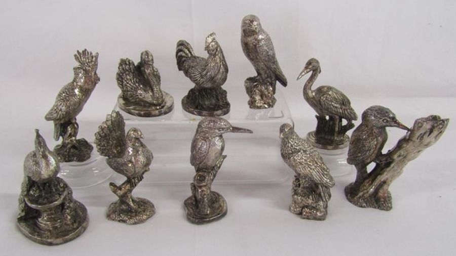 Royal Hampshire bird figures includes peacock, kingfisher, woodpecker etc (marks missing/worn to