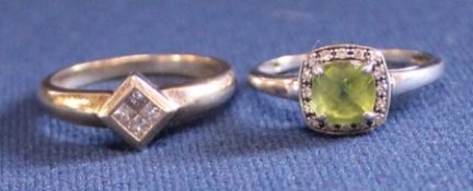 9ct gold peridot ring size M & 9ct gold diamond set ring size N, 4.69g total