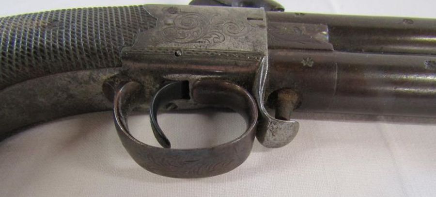 19th century percusion cap under over pistol - marks to barrel and grip with wood and brass handle - Image 5 of 13