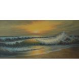 Large framed oil on board shoreline seascape under a setting sun. Frame size 133cm by 73cm
