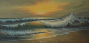 Large framed oil on board shoreline seascape under a setting sun. Frame size 133cm by 73cm