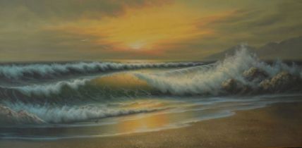 Large framed oil on board shoreline seascape under a setting sun. Frame size 133cm by 73cm