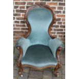 Reproduction Victorian armchair on cabriole legs in blue velvet