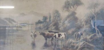Unsigned over painted print depicting shorthorn cows drinking from a river in an oak frame approx.