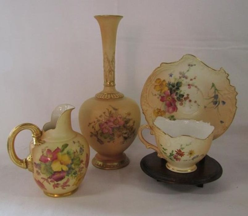 Royal Worcester Blush Ivory ewer style jug 1094, long necked vase 1661 (damage/repaired) and Empress