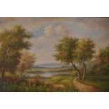 Large oil on board landscape with lakes & mountains in the background, possibly signed Bealken.