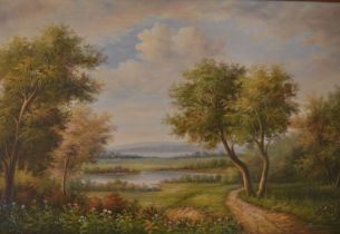 Large oil on board landscape with lakes & mountains in the background, possibly signed Bealken.