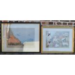 Large framed print of grouse flying over a moor & a watercolour of a golden retriever by Gillian