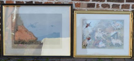 Large framed print of grouse flying over a moor & a watercolour of a golden retriever by Gillian