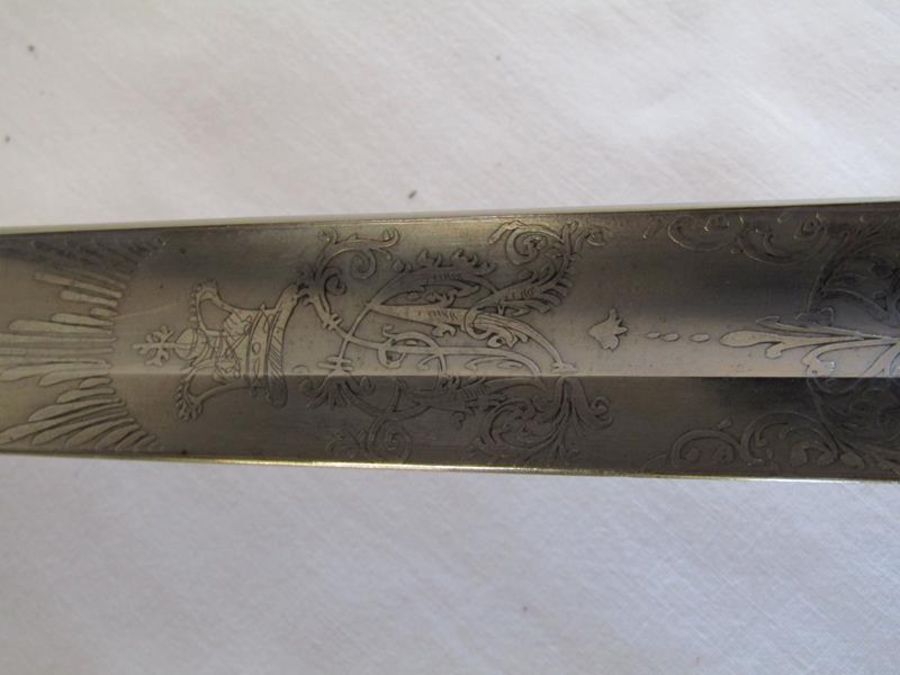 Turner Bros Bath North Somerset Yeomanry officers sword with patterned blade, sharkskin grip, proved - Image 11 of 17