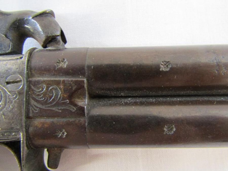 19th century percusion cap under over pistol - marks to barrel and grip with wood and brass handle - Image 2 of 13