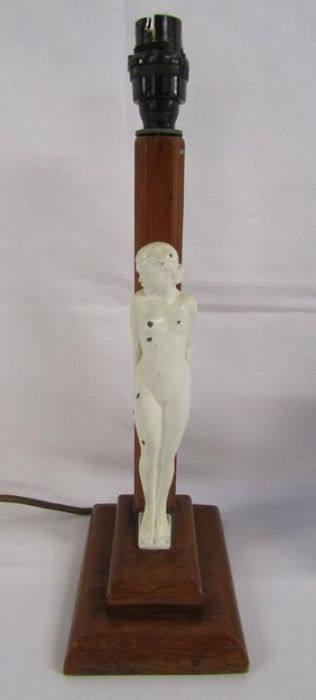 Wooden 1930's table lamp with cast girl holding a ball, cast metal oil lamp with blue glass - Image 4 of 5