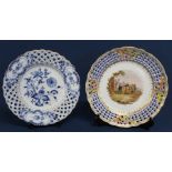 Meissen onion pattern ribbon plate and Dresden ribbon plate with hand painted central scene 22cm