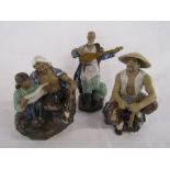 3 Shiwan figures - labourer, man with girl reading and man playing a guitar