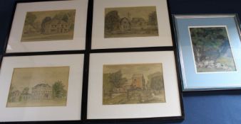 Framed pastel drawing depicting Scottish Cottage with SFS monogram & set of 4 framd pencil &
