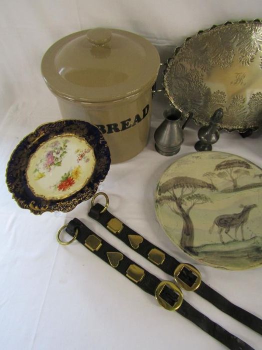 Stoneware bread crock, wooden cabinet, silverplate tray, pewter sifter and jug, ceramic ballerina - Image 2 of 5