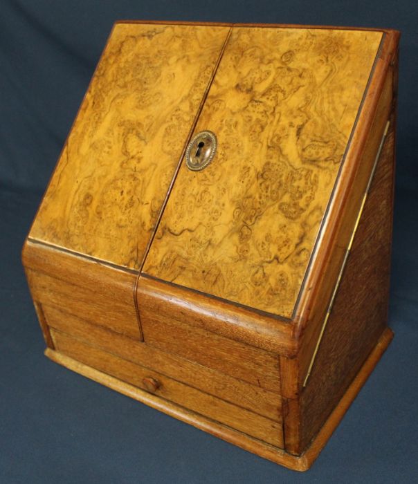 Victorian oak & burr walnut stationery cabinet ("Registered March 19 1874")