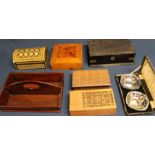 Mahogany two division cutlery box, inlaid jewellery box, selection of decorative boxes & cased set