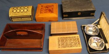 Mahogany two division cutlery box, inlaid jewellery box, selection of decorative boxes & cased set