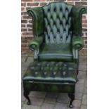 Green leather wing back chair and ottoman stool