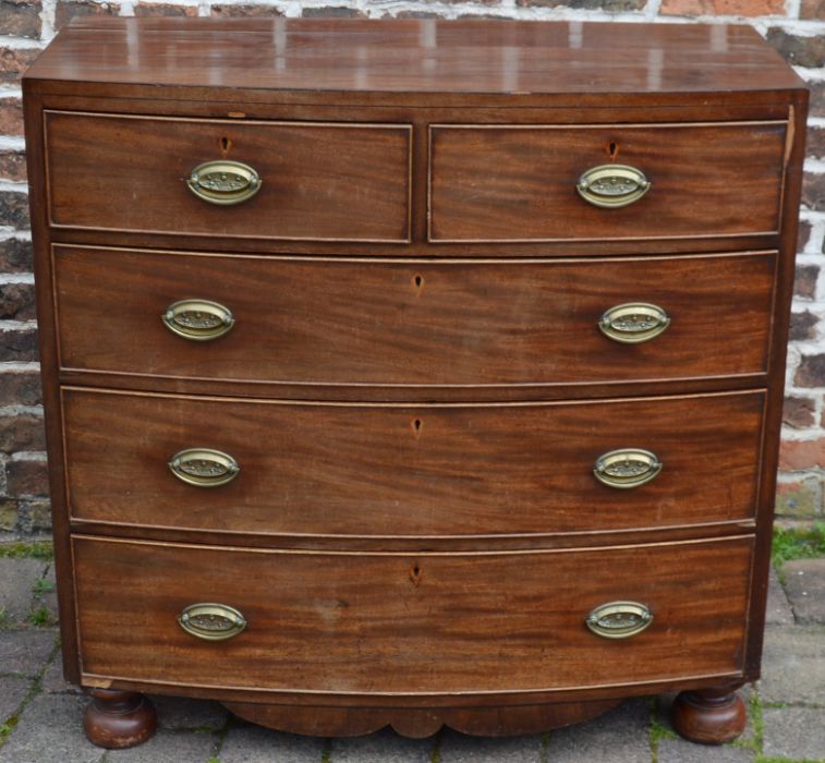 Georgian bow fronted chest of drawers with replacement feet, W102 x D51 x H100cm