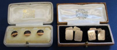 Cased set of three 9ct gold shirt studs 2.68g & 2 pairs of 9ct gold cufflinks (cased) 9.64g