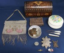 Bead handbag, mother of pearl stiletto / button hook / pen knife, Plant Tuscan China lidded pot,