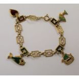 18ct gold and enamel bracelet with charms, length 20cm, total weight 20g