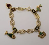 18ct gold and enamel bracelet with charms, length 20cm, total weight 20g