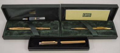 Cross gold plated ball point pen, Cross fountain pen (with dint) with 14k nib & a Sheaffer