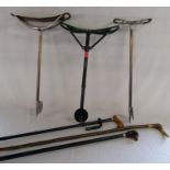 Featherwate and Bisley shooting sticks, horn handled long stick and resin dog head walking stick