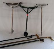 Featherwate and Bisley shooting sticks, horn handled long stick and resin dog head walking stick