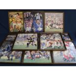 11 framed photographic prints of rugby league players with printed signatures