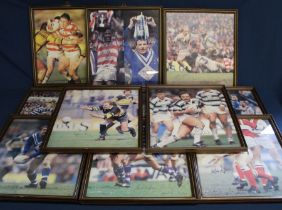 11 framed photographic prints of rugby league players with printed signatures