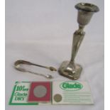 Silver candlestick and silver sugar tongs - (tongs only - 1.81ozt) also a Charles and Diana Crown