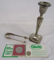 Silver candlestick and silver sugar tongs - (tongs only - 1.81ozt) also a Charles and Diana Crown